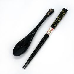 Paire de baguettes japonaises noire en bois motif grue et tortue et la cuillère en résine assortie- TSURUKAME - 22.5 et 19.5 c