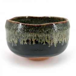 Ceramic bowl for tea ceremony, black, green infused paint - CHUNYU