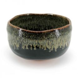 Ceramic bowl for tea ceremony, black, green infused paint - CHUNYU