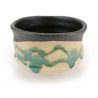 Bowl for Japanese tea ceremony in ceramic, black and beige with turquoise drips - TAKOIZU SHITATARI