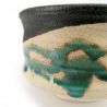 Bowl for Japanese tea ceremony in ceramic, black and beige with turquoise drips - TAKOIZU SHITATARI