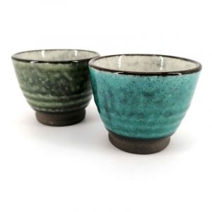 Duo of ceramic tea cups, gray blue and green - NACHURARU