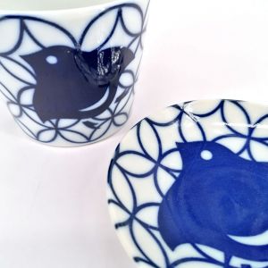 Ceramic tea cup with saucer, white and blue bird - AOI CHIDORI