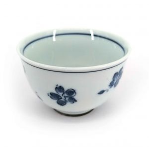 Japanese ceramic tea cup, white with blue flowers - HANA