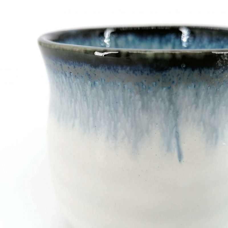 Japanese ceramic tea cup, white, blue border - KYOKAI