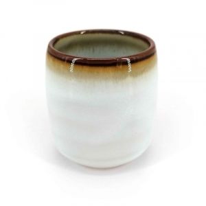 Tasse à thé japonaise en céramique, blanc, bordure nuances marrons - KYOKAI