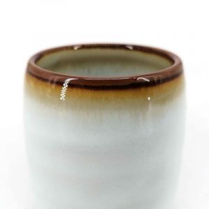 Japanese ceramic tea cup, white, brown shades border - KYOKAI