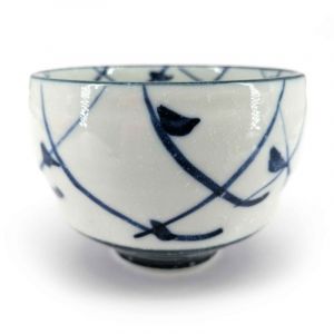 Tazza da tè in ceramica giapponese, bianca e blu, sagome di uccelli - TORI