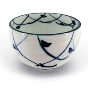 Japanese ceramic tea cup, white and blue, bird silhouettes - TORI