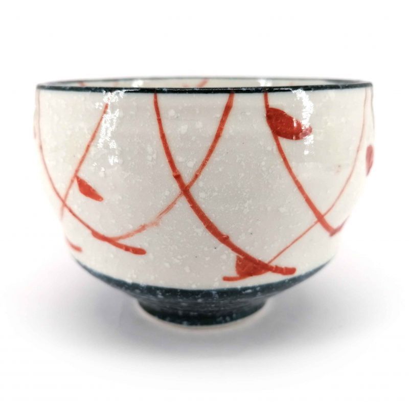 Japanese ceramic tea cup, white and red, bird silhouettes - TORI