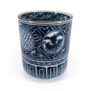 Japanese ceramic tea cup, white with traditional blue patterns - DENTO-TEKINA