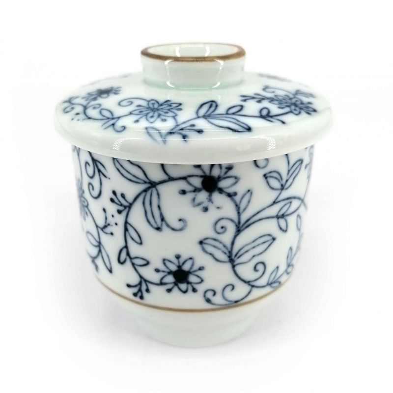 Japanese mug with lid chawan mushi, white, blue floral pattern - BURUFURORARU