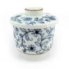 Japanese mug with lid chawan mushi, white, blue floral pattern - BURUFURORARU