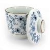 Japanese mug with lid chawan mushi, white, blue floral pattern - BURUFURORARU