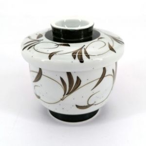 Japanese mug with chawan mushi lid, gray and brown arabesques - ARABESUKU