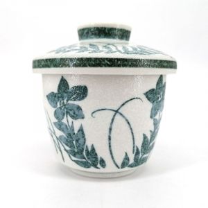 Japanese mug with lid chawan mushi, gray and blue flowers - AOI HANA