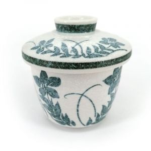 Taza japonesa con tapa chawan mushi, flores grises y azules - AOI HANA