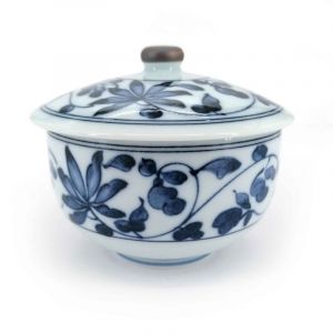 Taza redonda japonesa con tapa chawan mushi, blanco, estampado de flores azul - BURUFURORARU