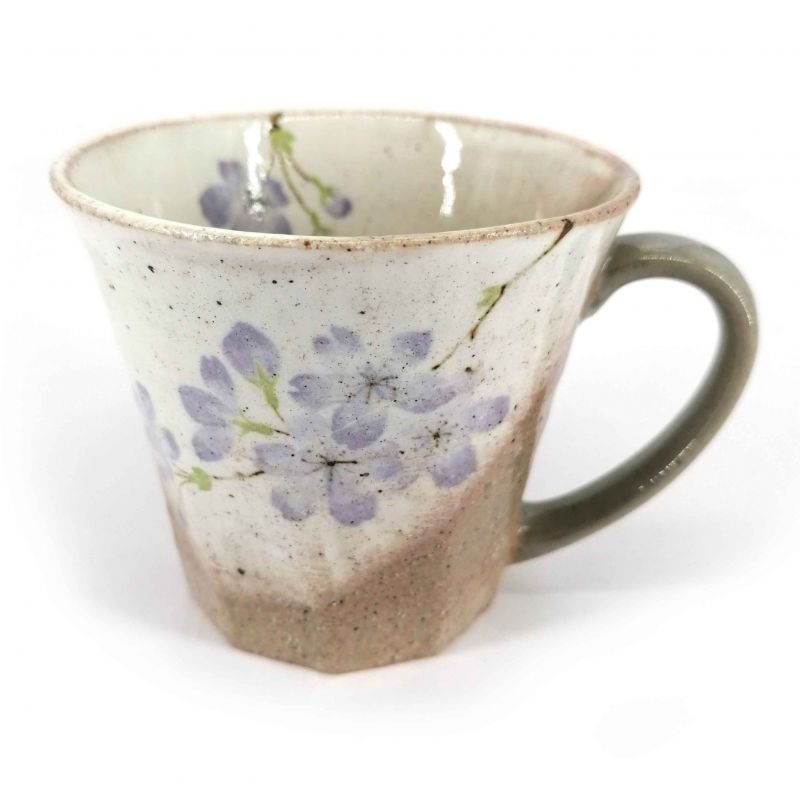 Mug japonais en céramique avec anse, beige et violet - SAKURA