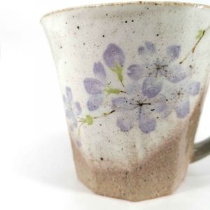 Japanese ceramic mug with handle, beige and purple - SAKURA