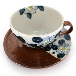 Keramische Teetasse mit Griff und Untertasse, braun und Blumen - AOI HANA