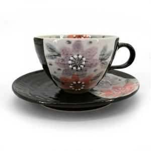 Tazza da tè in ceramica con manico e piattino, nera e fiori - HANA