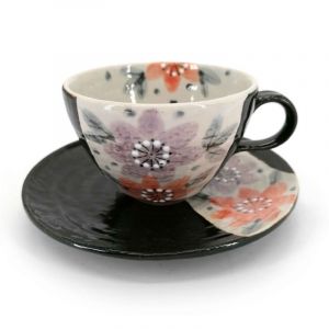 Tazza da tè in ceramica con manico e piattino, nera e fiori - HANA