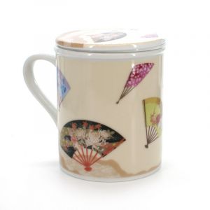 tasse traditionnelle japonaise avec couvercle et motifs éventails pliants ÔGI