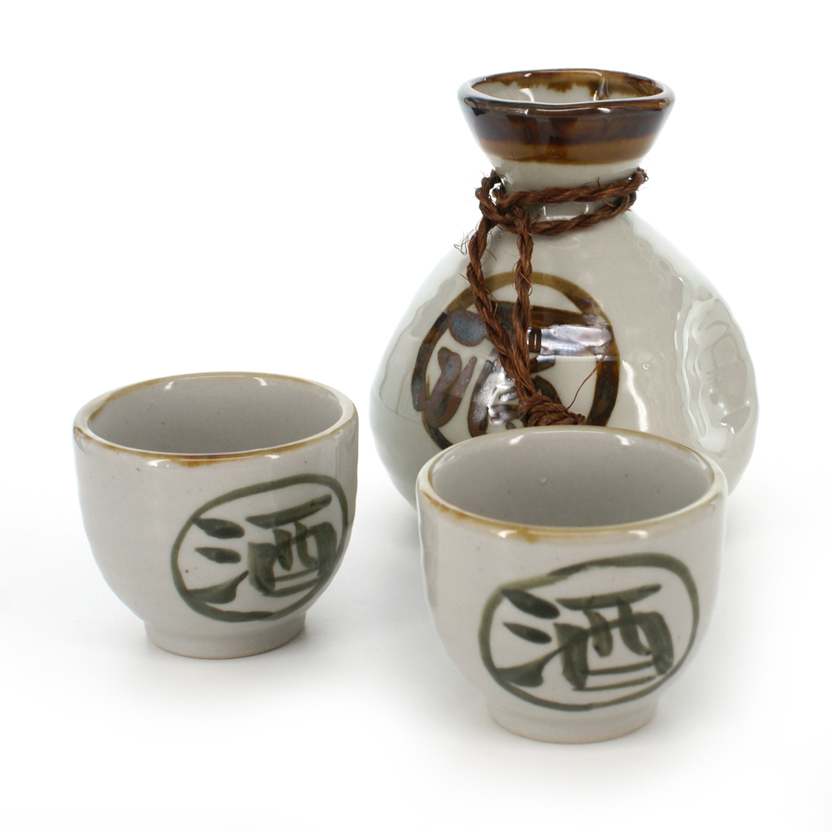 Servizio di sake giapponese in ceramica bianca, 1 bottiglia e 2 tazze,  SHIRO KANJI