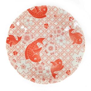 Round ceramic deep plate, red, fish and sakura pattern - SHIPPO