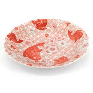 Piatto fondo rotondo in ceramica, motivo rosso, pesce e sakura - SHIPPO