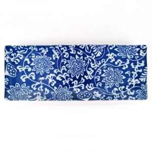 Japanese rectangular ceramic plate, blue and white flowers - HANA