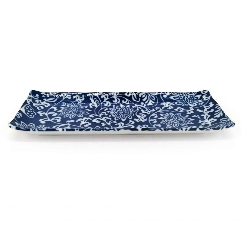 Plato japonés rectangular de cerámica, flores azules y blancas - HANA