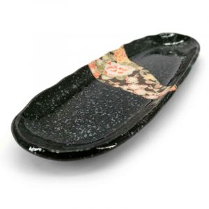 Rectangular black ceramic plate with flowers - KAHEI