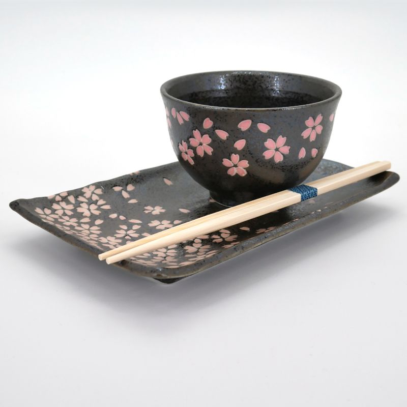 Juego de sushi japonés, TENMOKU HANAMATSURI, negro, rosa