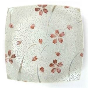 Piatto quadrato in ceramica giapponese, bianco con riflessi argento - SHIRUBA SAKURA