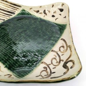 Japanese square plate with beige and green ceramic edges - CHUO HIROBA