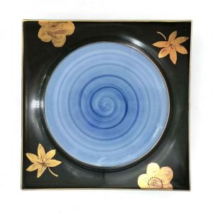 Japanese small square black plate with hand painted gilding - MOMIJI SAKURA