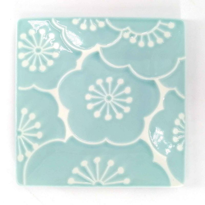 Japanese square ceramic plate, blue and white - UME