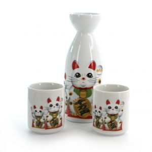 service à saké bouteille et 2 tasses, SENRYÔ MANRYÔ NEKO, chat