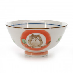 rice bowl with owl pictures red KOHIKI MORI NO CHIE FUKURÔ NAKAHIRA