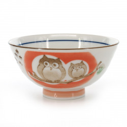 rice bowl with owl pictures red KOHIKI MORI NO CHIE FUKURÔ NAKAHIRA