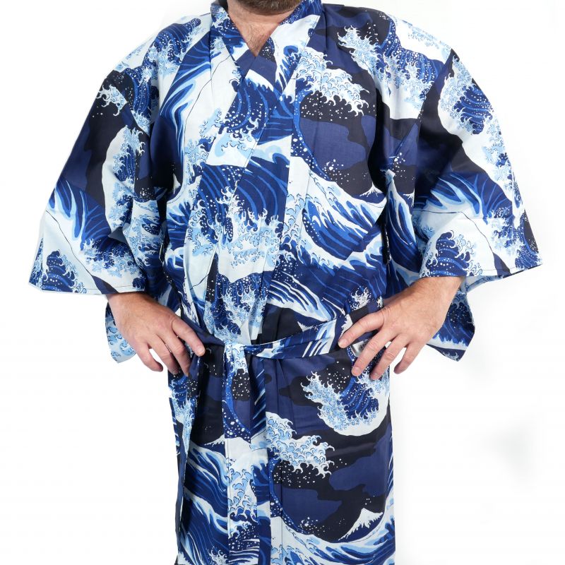 Japanischer blau-weißer Baumwoll-Yukata - Männer NAMIFUJI Wellenmuster mit für