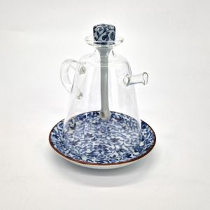 Japanischer traditioneller Topf für Sojasauce aus Glas und Keramik, SAYA, blau und weiß