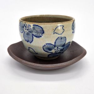 Japanese cup in white clay and blue flowers with saucer