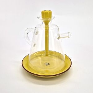 Japanese traditional pot for soy sauce in glass and ceramic, SAYA, yellow and blue