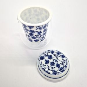 Japanese glass and ceramic tea cup with lid, blue and white patterns, HANA