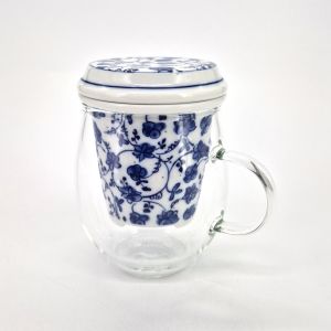 Japanese glass and ceramic tea cup with lid, blue and white patterns, HANA