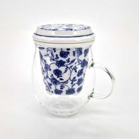 Taza de té japonesa de cerámica con tapa y filtro, motivos florales,  FURAWAZU