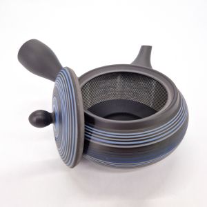 Japanese kyusu teapot tokoname blue stripes, , 260 cc